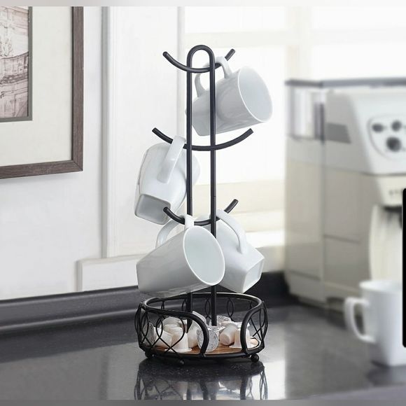 Gahl Heavy Wire Gauge 6 Mug Black Tree Holder w/Storage - 7" D, 7" H, 18.2" L - Picture 5 of 6